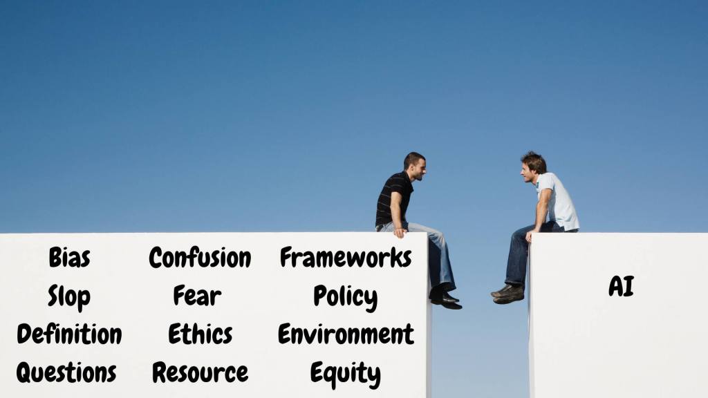 Two people looking at each other - one representing government and one representing the universities. University is labelled as AI, and the University labelled as confusion, fear, bias, questions. 